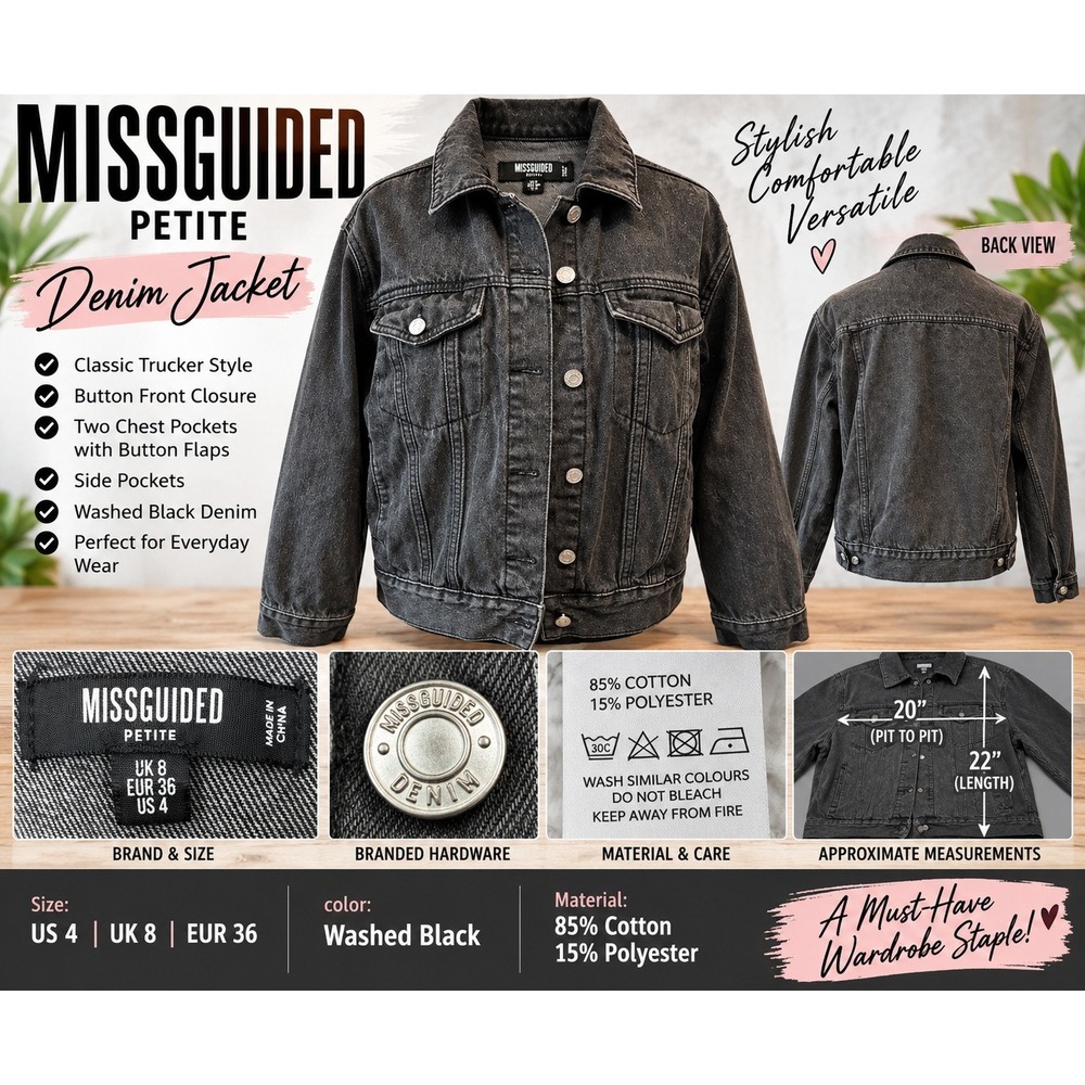 Missguided Petite Washed Black Denim Trucker Jacket US 4 Z9218257